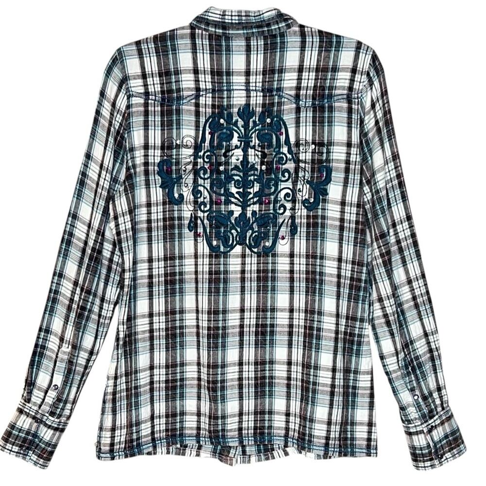 Shyanne Beaded Embroidered Western Pearl Snap Shirt L Teal Plaid Rodeo Cowgirl